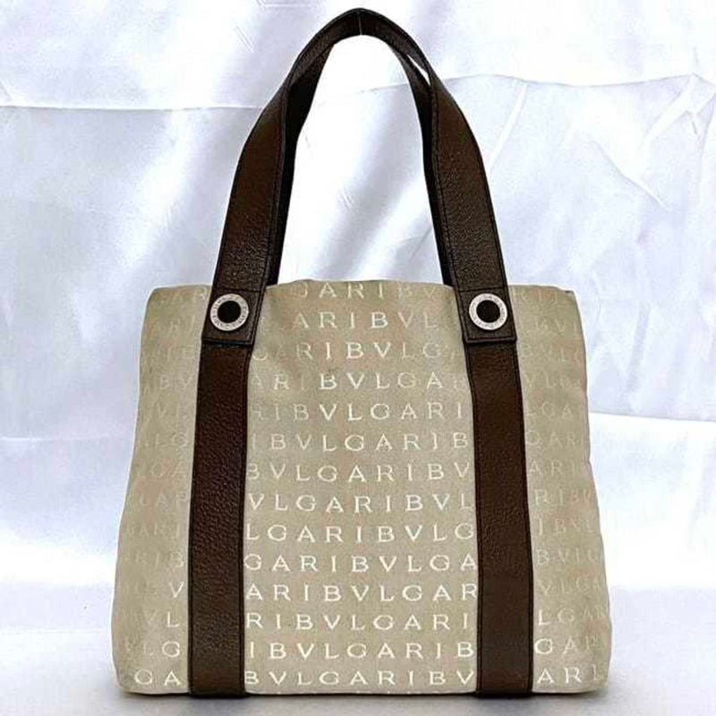 Bvlgari Beige Brown Canvas Leather Tote Bag (Pre-Owned)