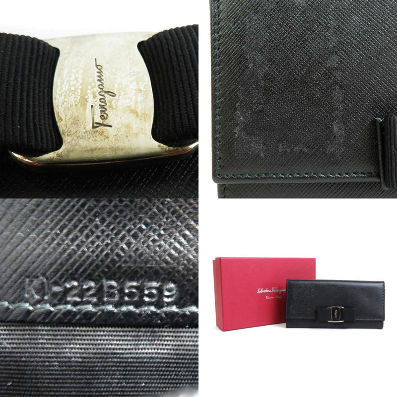 Salvatore Ferragamo Black Leather Metal Long Wallet (Bi-Fold) (Pre-Owned)