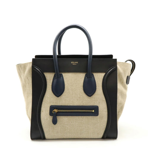 Celine Beige Black Navy Linen Leather Handbag Tote Bag (Pre-Owned)