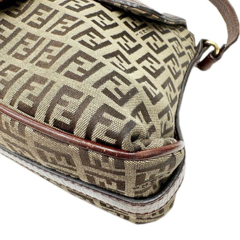 Fendi Beige Brown Zucchino Canvas Leather Shoulder Bag (Pre-Owned)