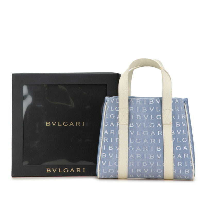 Bvlgari Blue White Canvas Leather Tote Bag (Pre-Owned)