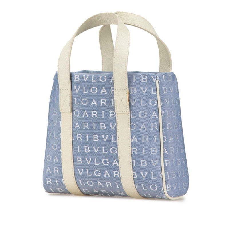 Bvlgari Blue White Canvas Leather Tote Bag (Pre-Owned)