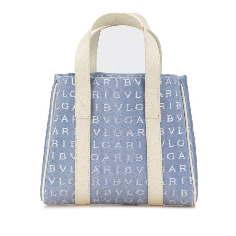 Bvlgari Blue White Canvas Leather Tote Bag (Pre-Owned)