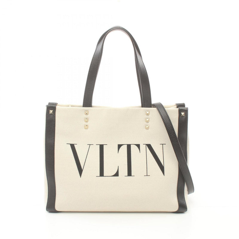 Valentino Garavani Black Ivory Canvas Leather Tote Bag (Pre-Owned)