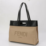 Fendi Beige Black Leather Canvas Shoulder Bag (Pre-Owned)