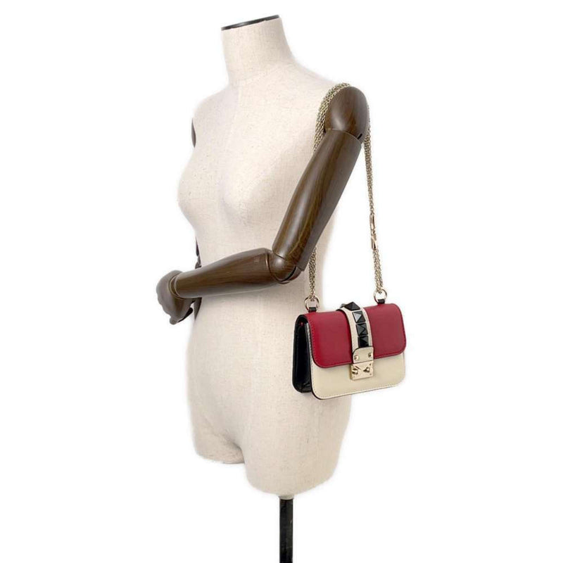 Valentino Garavani Black Red Color White Leather Shoulder Bag (Pre-Owned)