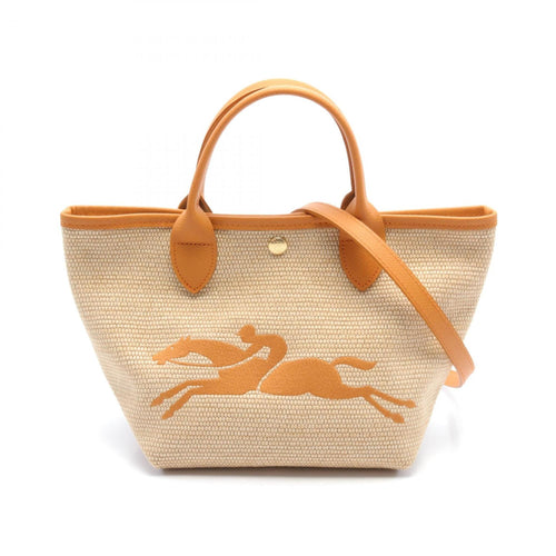 Longchamp Beige Orange Leather Straw Handbag (Pre-Owned)