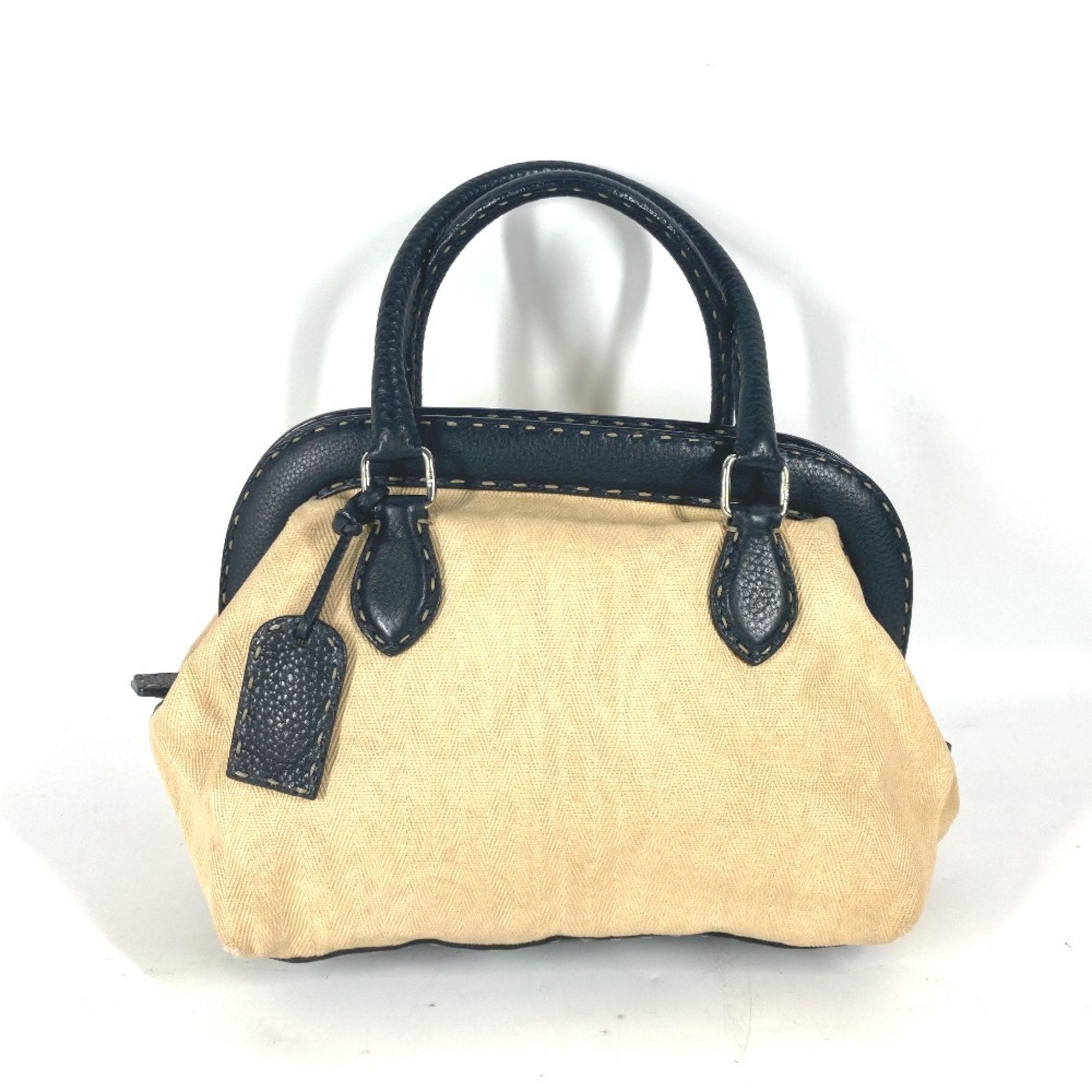 Fendi Selleria Beige Black Leather Canvas Handbag Shoulder Bag (Pre-Owned)