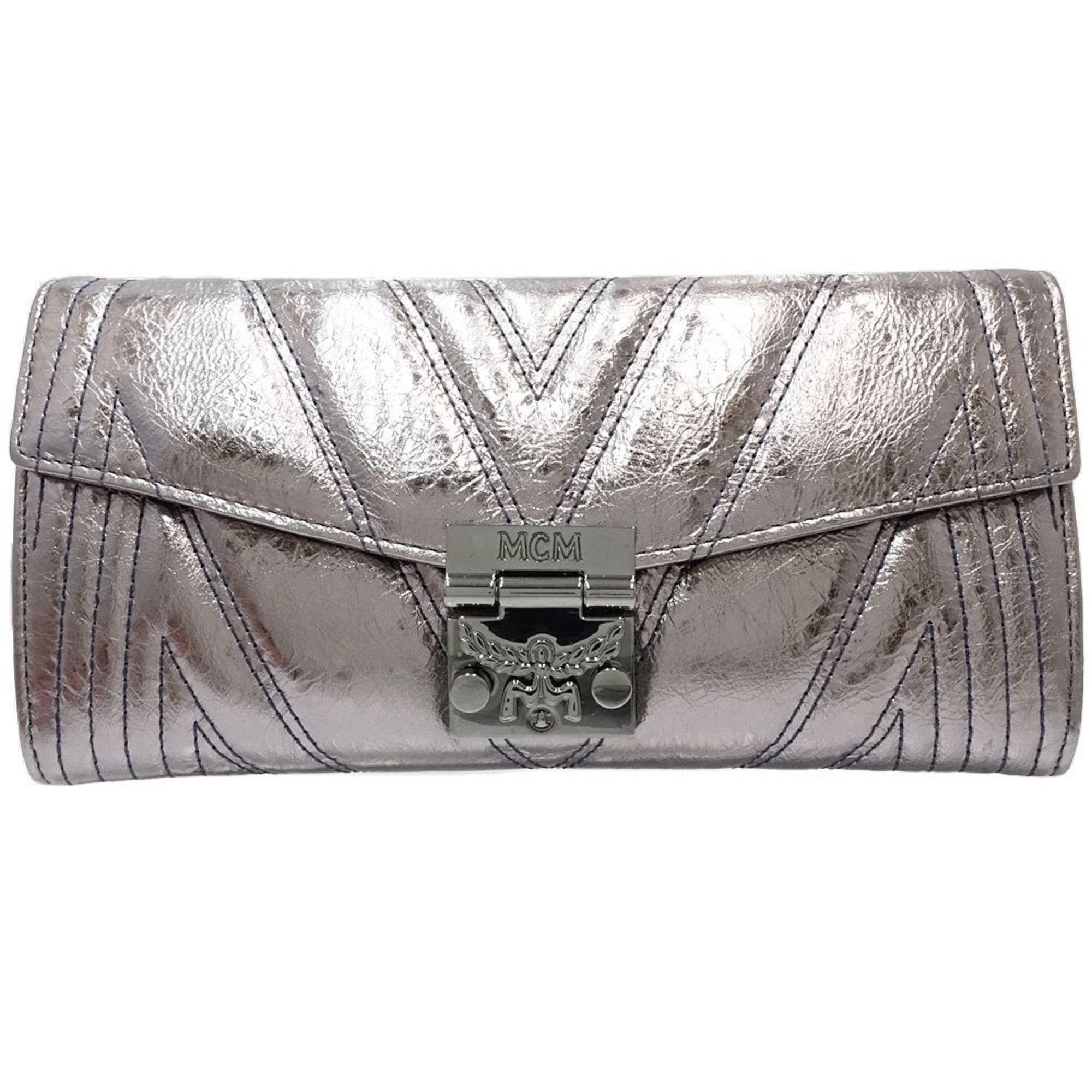 Mcm Metallic Silver Leather Long Wallet (Bi-Fold) (Pre-Owned)