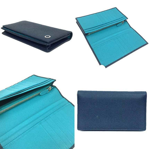 Bvlgari Emerald Green Navy Leather Long Wallet (Bi-Fold) (Pre-Owned)