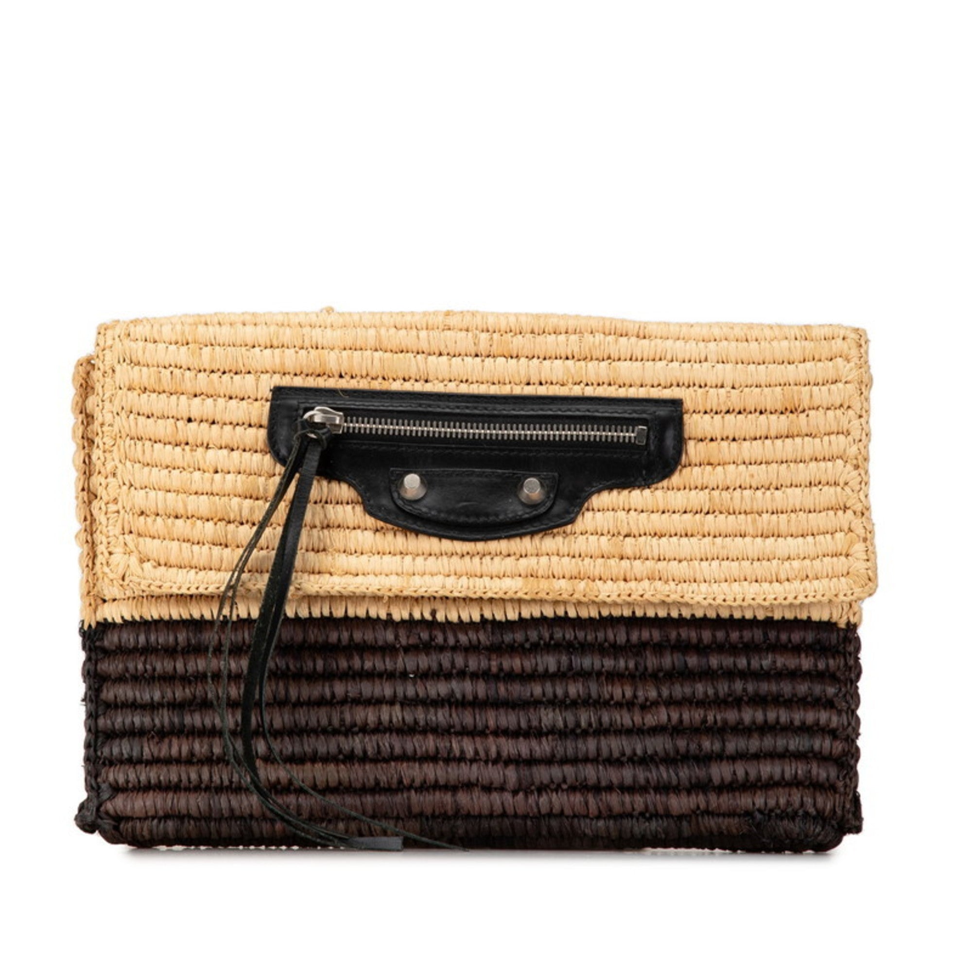 Balenciaga Beige Brown Raffia Leather Clutch Bag (Pre-Owned)