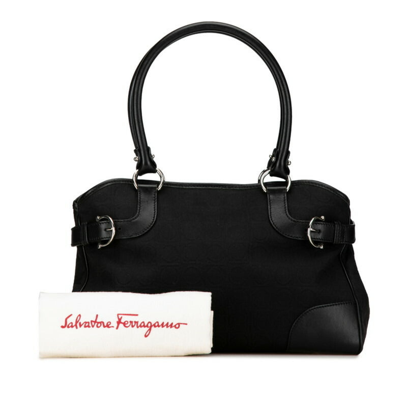 Salvatore Ferragamo Black Canvas Leather Handbag Tote Bag (Pre-Owned)