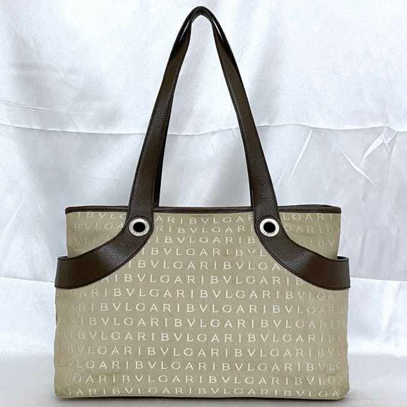 Bvlgari Logomania Beige Brown Canvas Leather Tote Bag (Pre-Owned)