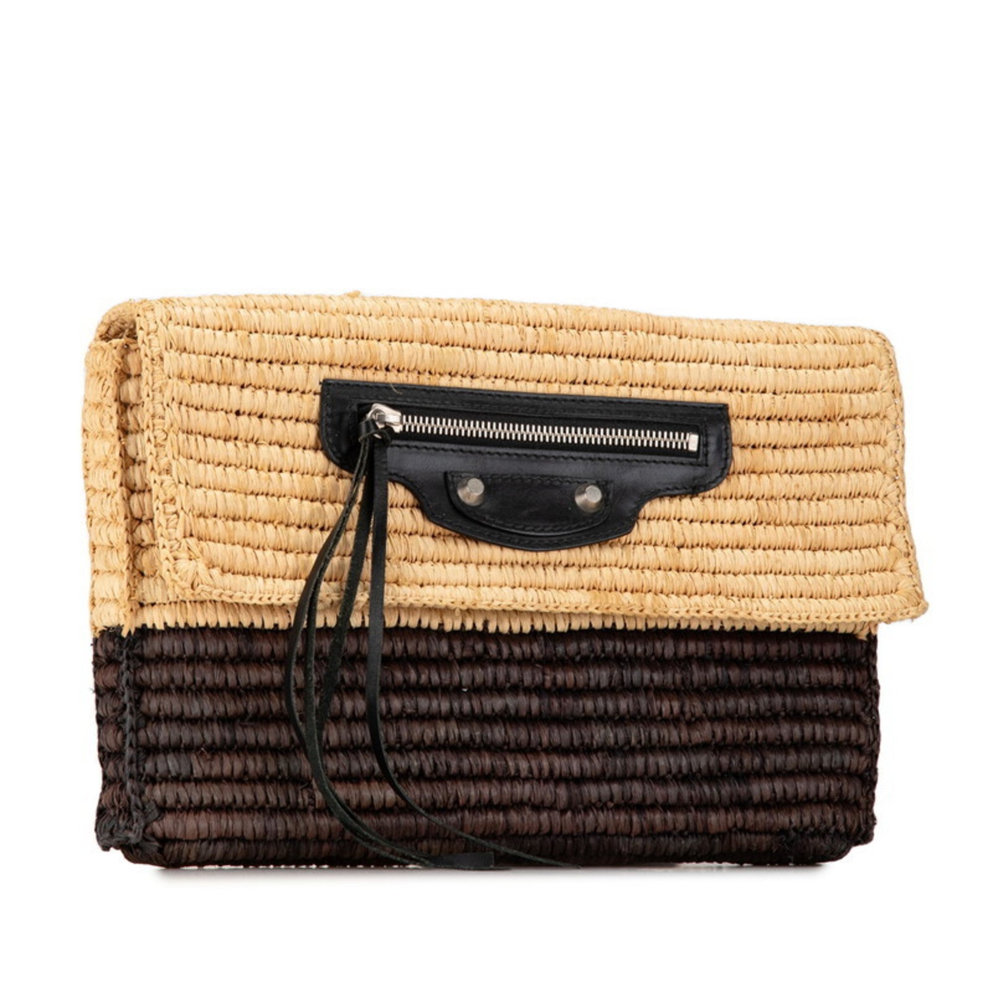 Balenciaga Beige Brown Raffia Leather Clutch Bag (Pre-Owned)