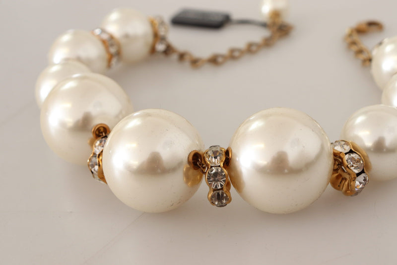 Dolce & Gabbana Elegant Faux Pearl Charm Necklace with Crystal Women's Accents