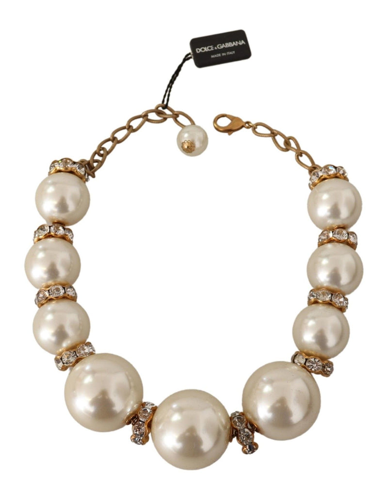 Dolce & Gabbana Elegant Faux Pearl Charm Necklace with Crystal Women's Accents