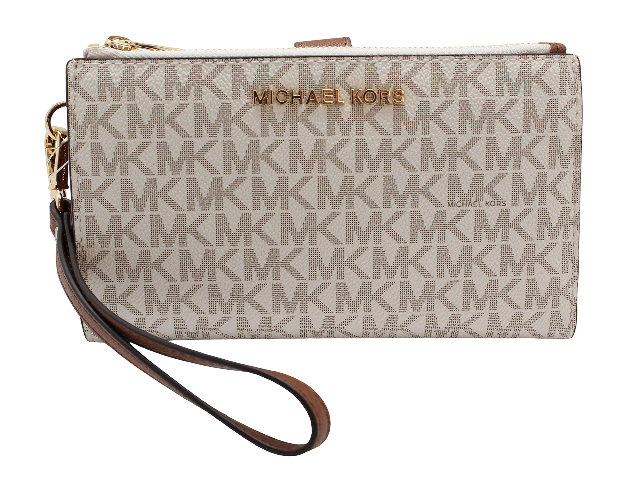 Michael Kors Jet Set Double Zip Phone Wristlet Brown Signature MK