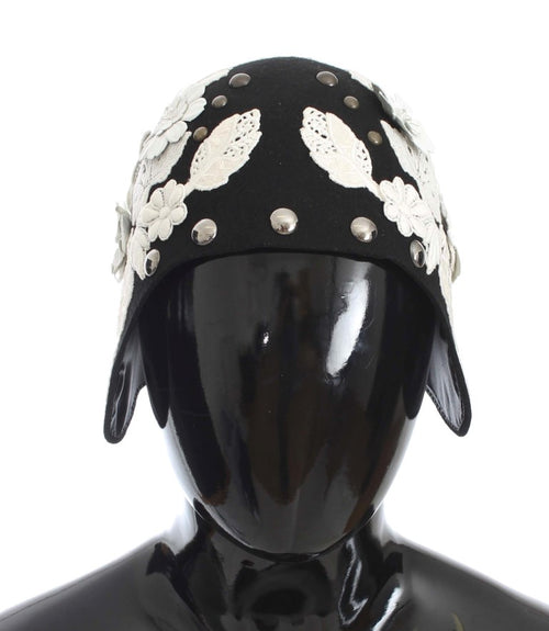 Dolce & Gabbana Black Wool White Floral Gold Leaf Women's Hat