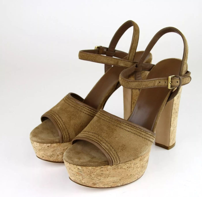 New Authentic Gucci Danielle Suede Cork Platform Sandal, 38.5/8.5