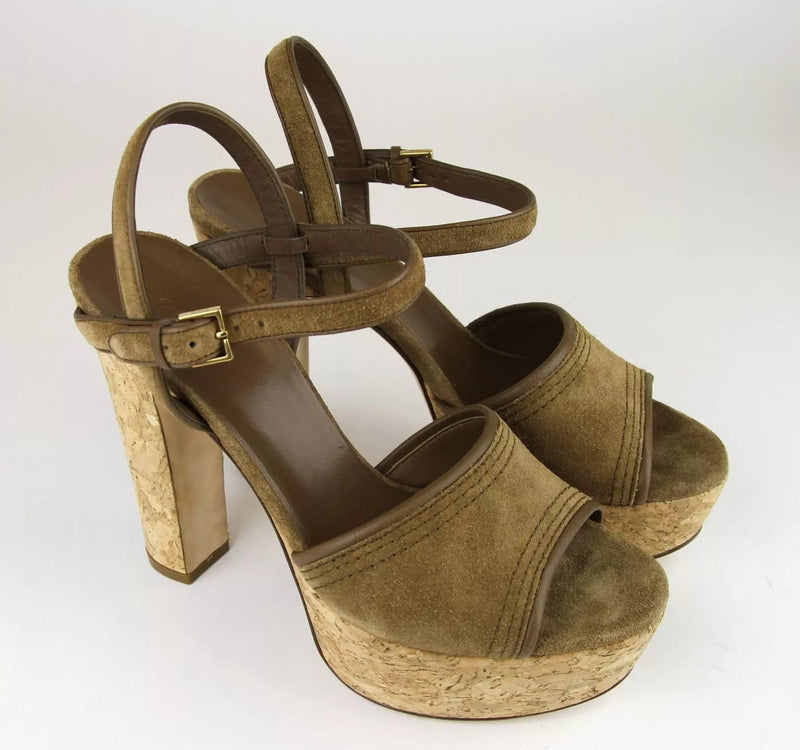 New Authentic Gucci Danielle Suede Cork Platform Sandal, 38.5/8.5