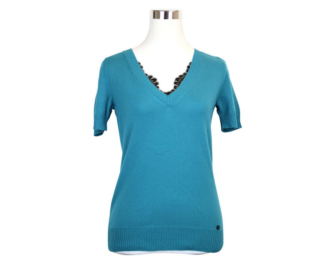 Gucci Women's Top Lace Teal Rayon Cotton Nylon V-Neck Sweater Detail