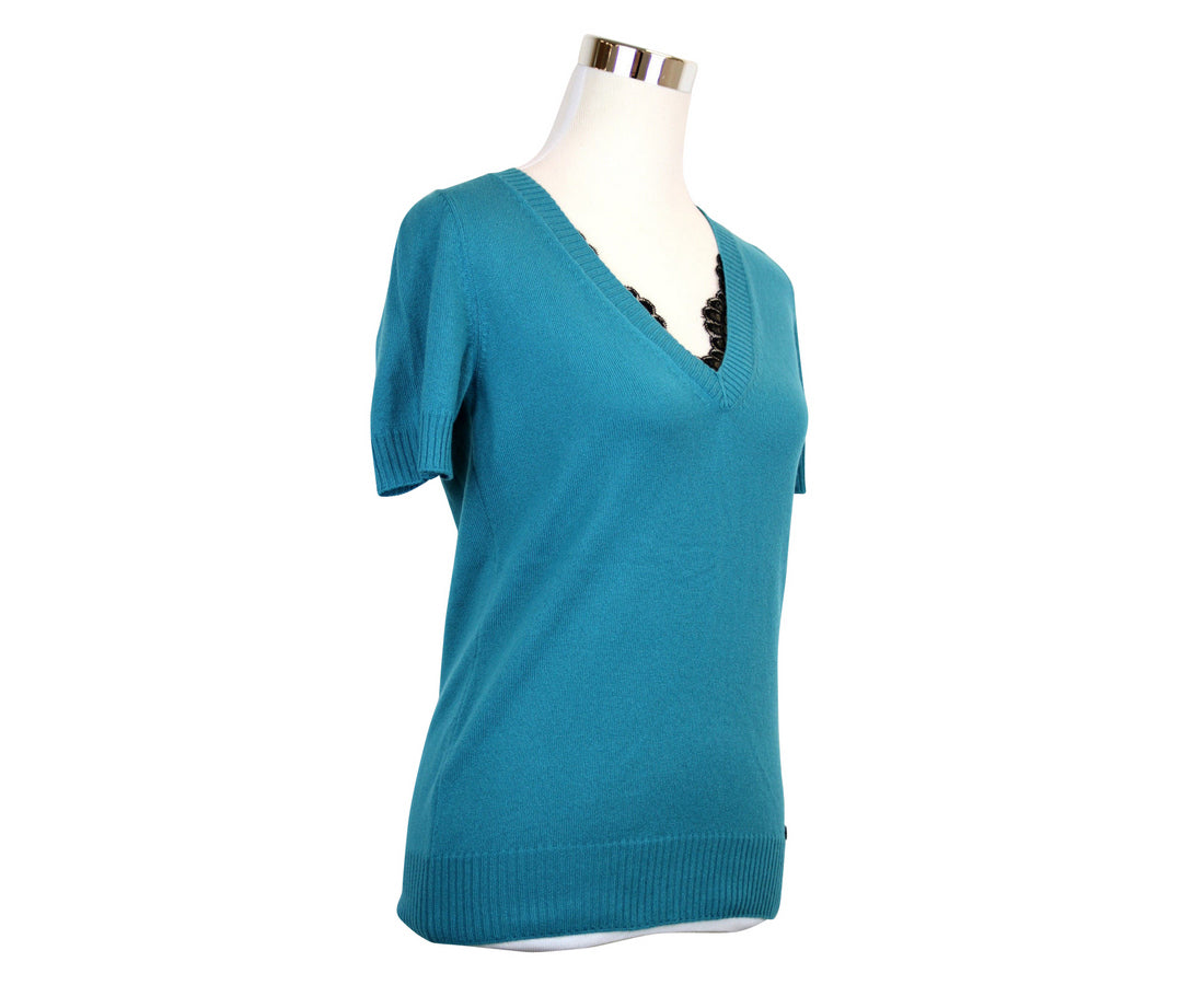 Gucci Women's Top Lace Teal Rayon Cotton Nylon V-Neck Sweater Detail