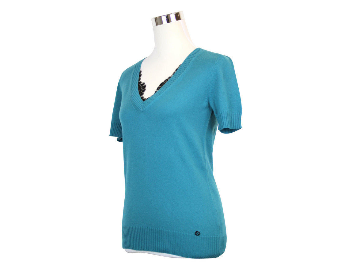 Gucci Women's Top Lace Teal Rayon Cotton Nylon V-Neck Sweater Detail