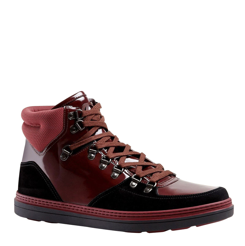 Gucci Contrast Combo Dark Red Patent Leather / Suede High top Sneaker 368496 1078