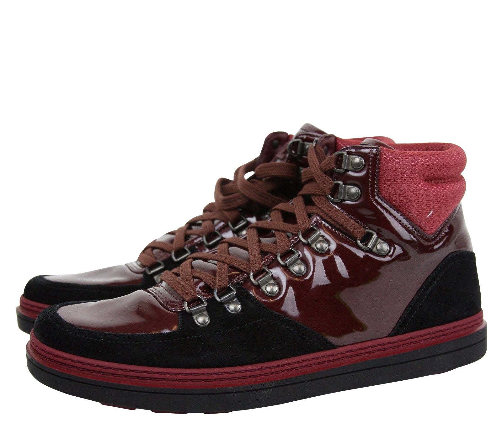 Gucci Contrast Combo Dark Red Patent Leather / Suede High top Sneaker 368496 1078