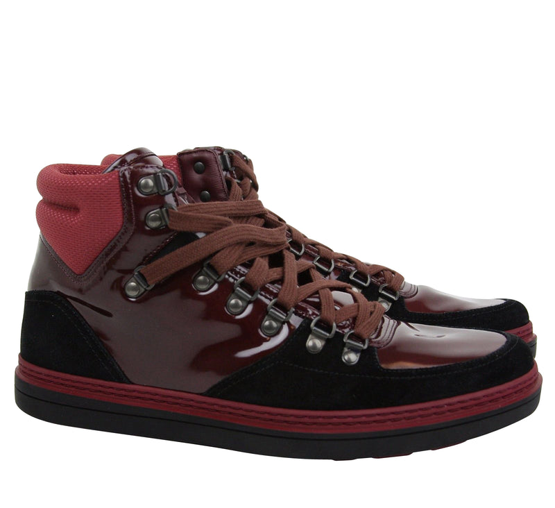 Gucci Contrast Combo Dark Red Patent Leather / Suede High top Sneaker 368496 1078