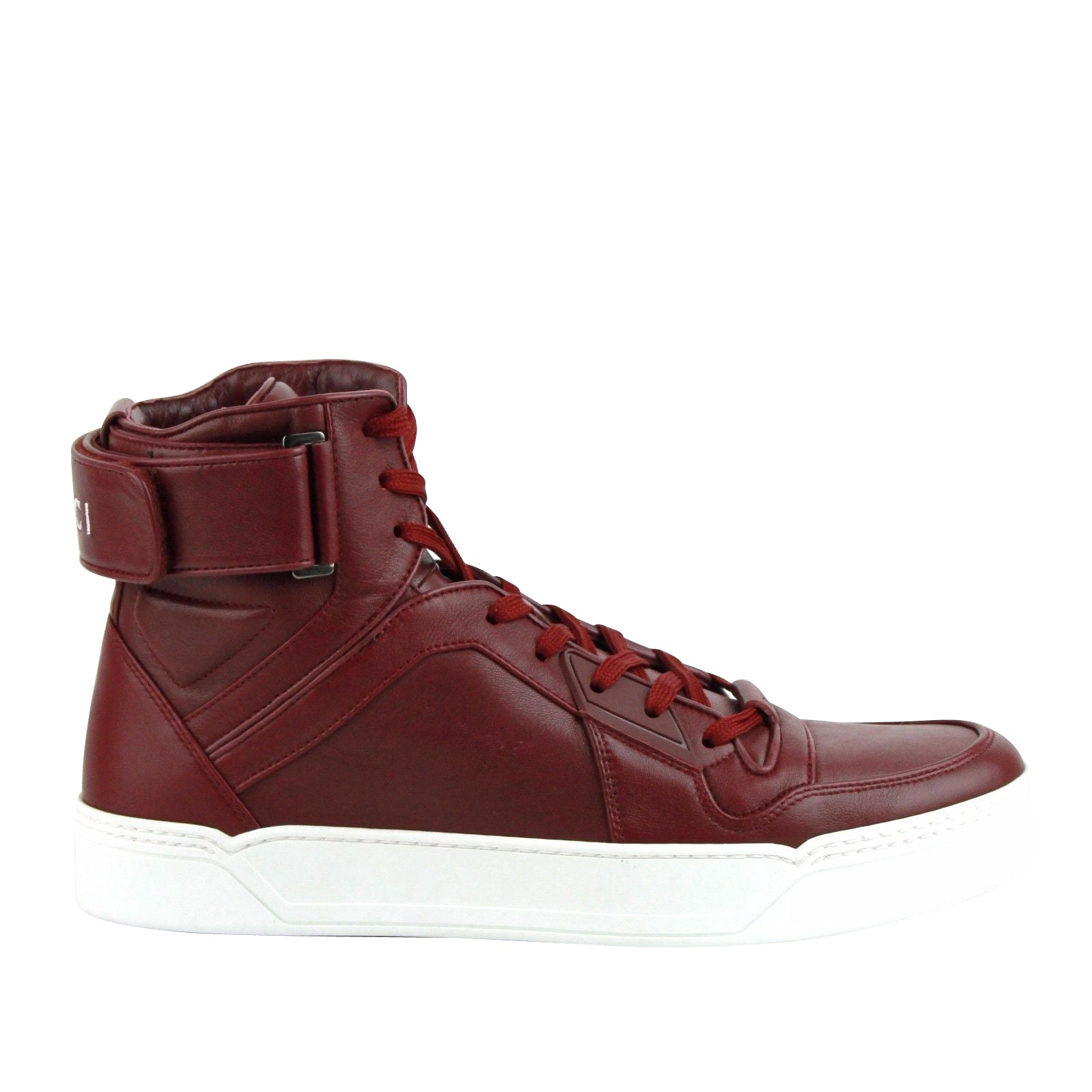 Gucci High Top Strong Dark Red Leather Sneakers With Strap 386738 6148