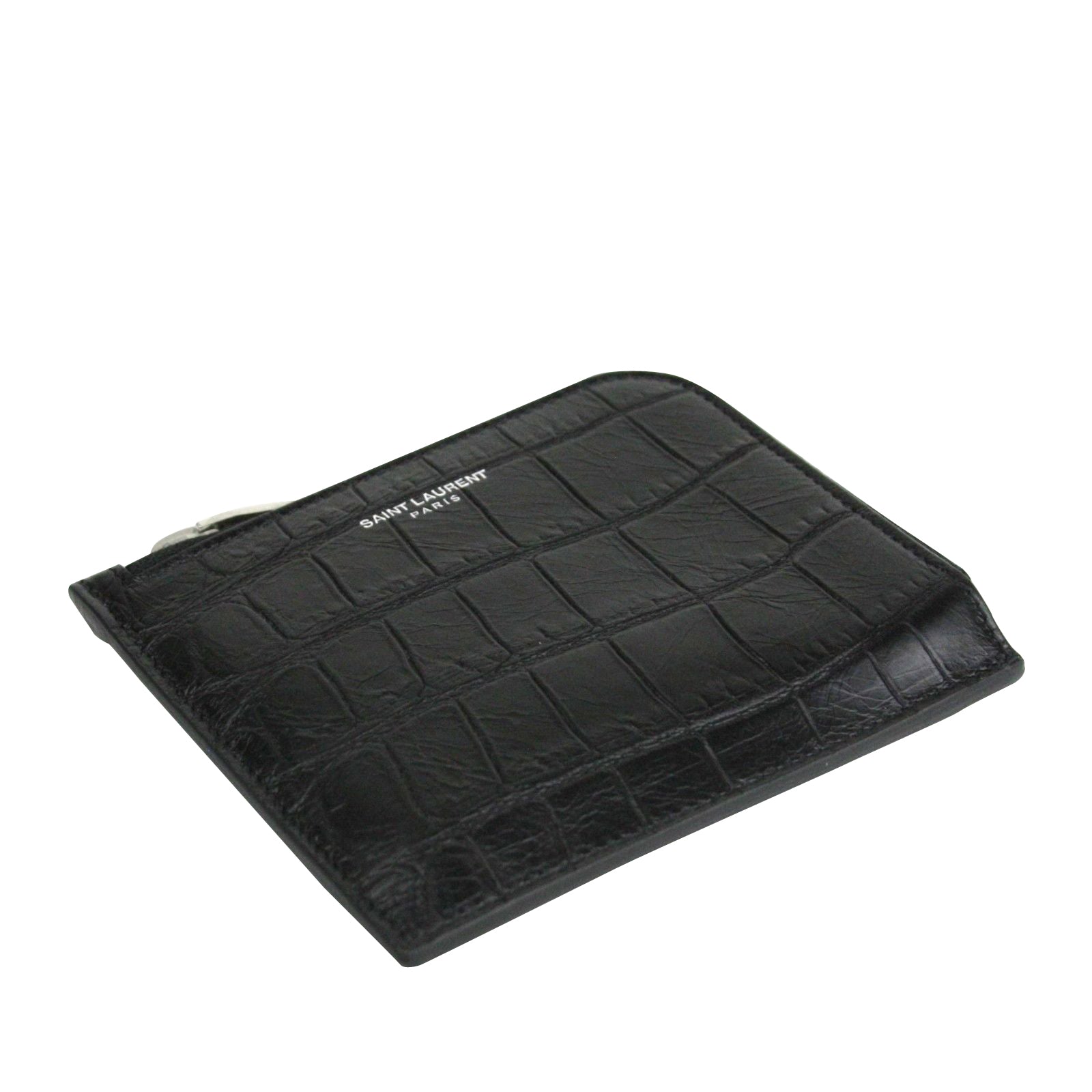 SAINT LAURENT: card holder in crocodile print leather - Black