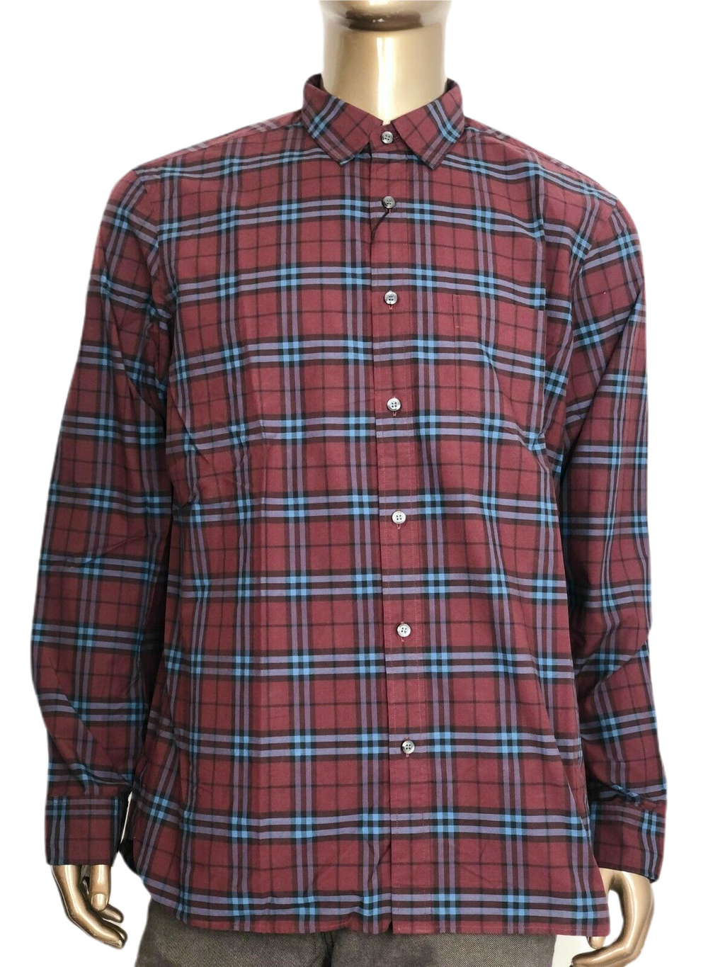 Burberry Alexander Men s Crimson Red Blue Checked Cotton Shirt S