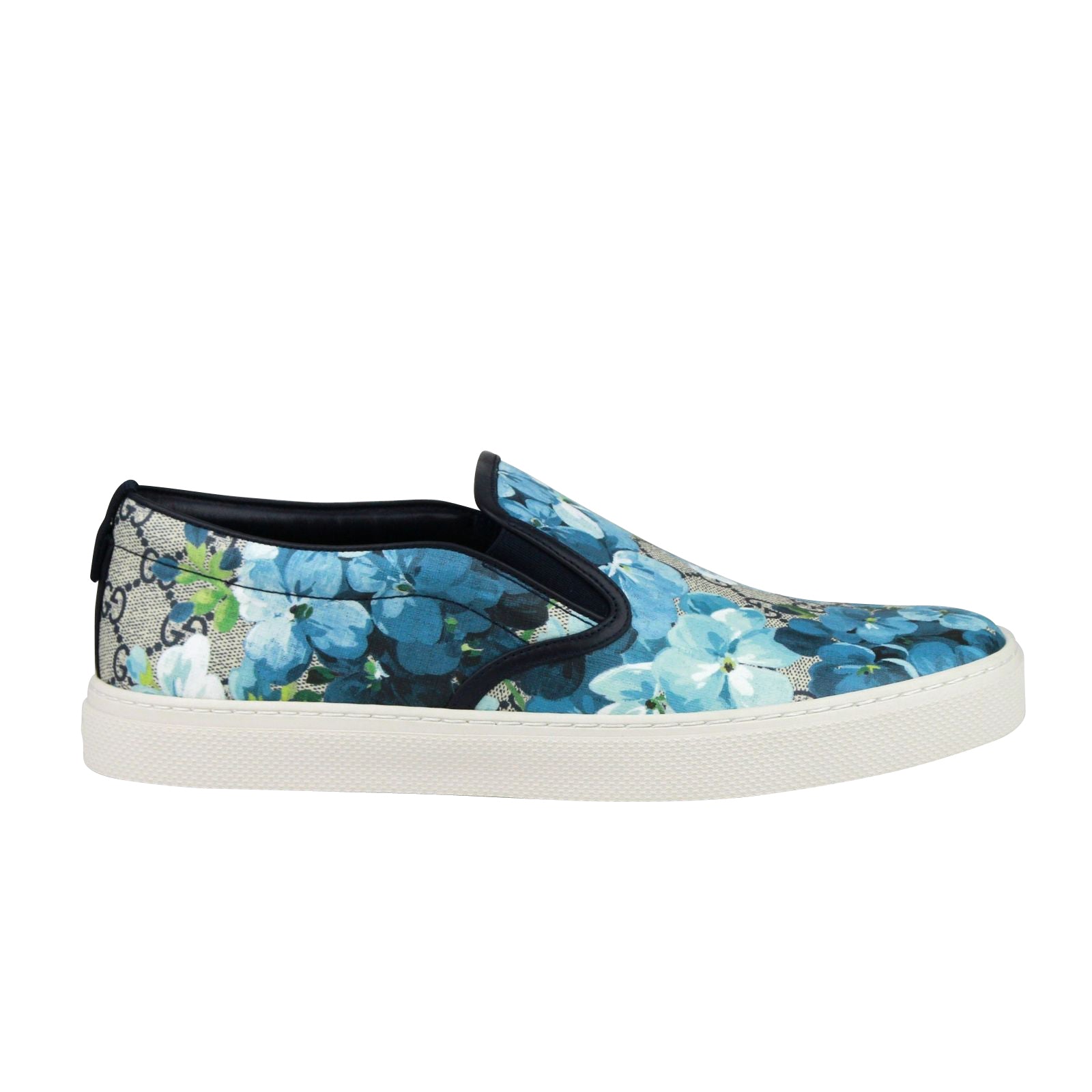 Gucci Bloom Flower Print Blue GG Supreme Coated Canvas Slip Sneakers 407362 8471