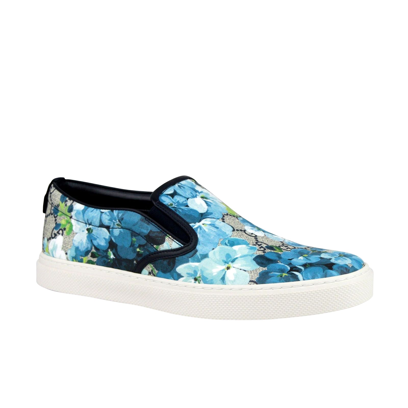 Gucci Bloom Flower Print Blue GG Supreme Coated Canvas Slip Sneakers 407362 8471