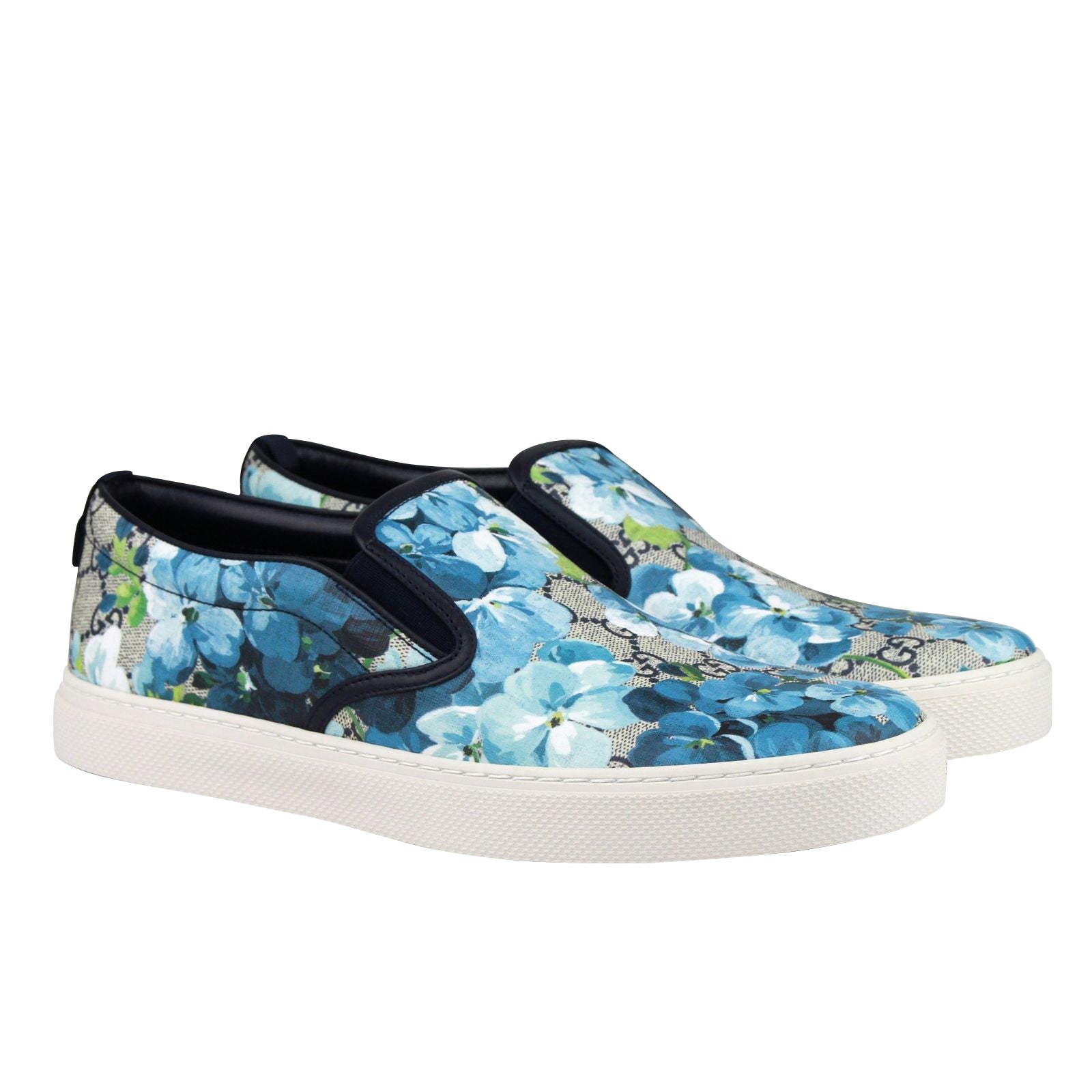 Gucci Bloom Flower Print Blue GG Supreme Coated Canvas Slip Sneakers 407362 8471