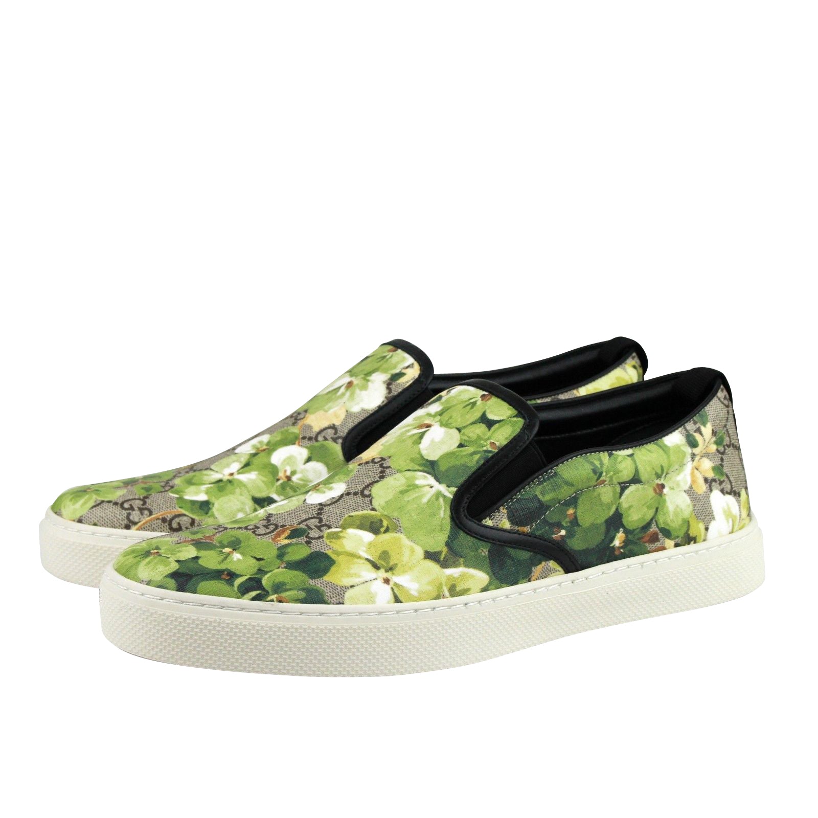 Gucci Men's Bloom Flower Print Supreme GG Green Canvas Slip Sneakers 407362 8961