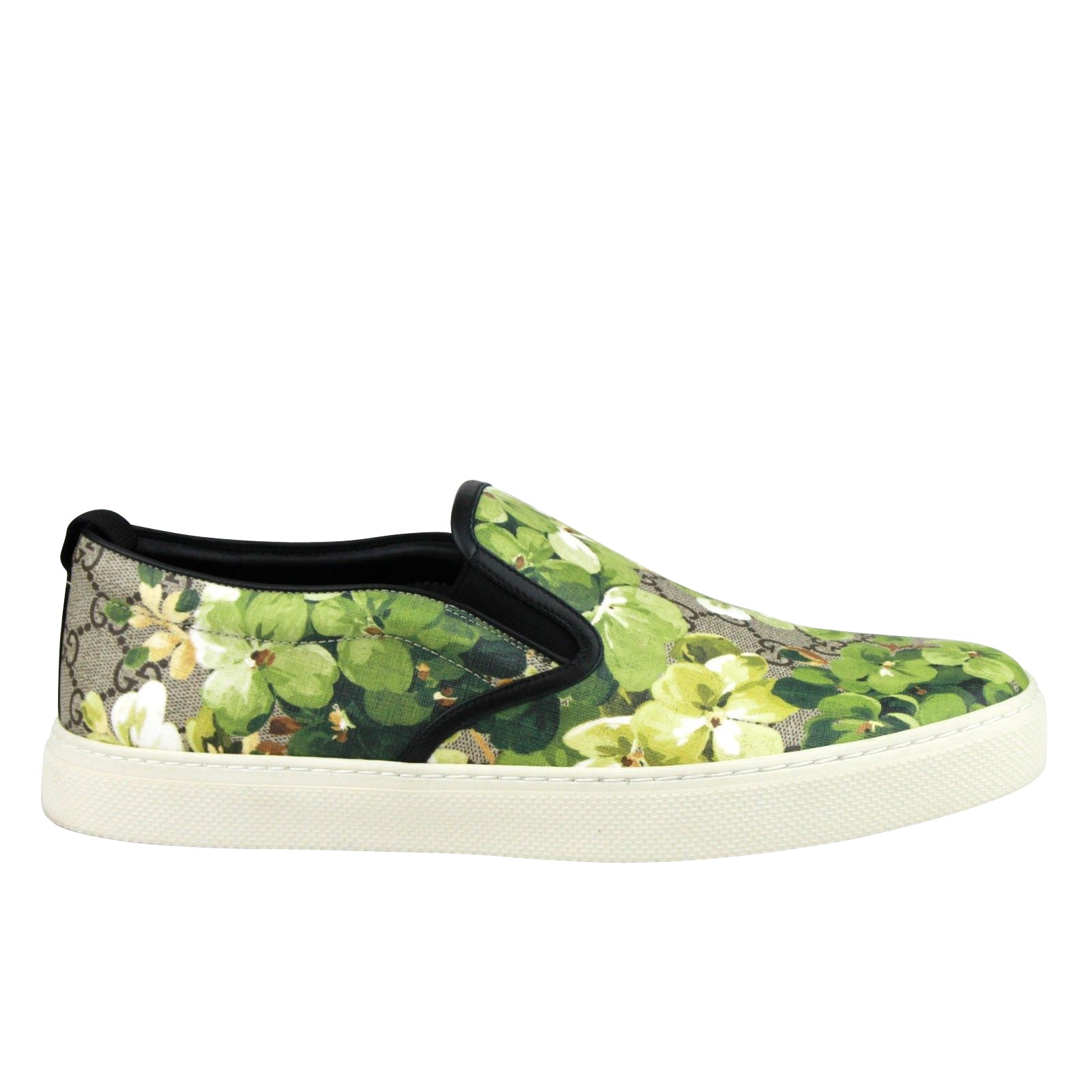 Gucci Men's Bloom Flower Print Supreme GG Green Canvas Slip Sneakers 407362 8961