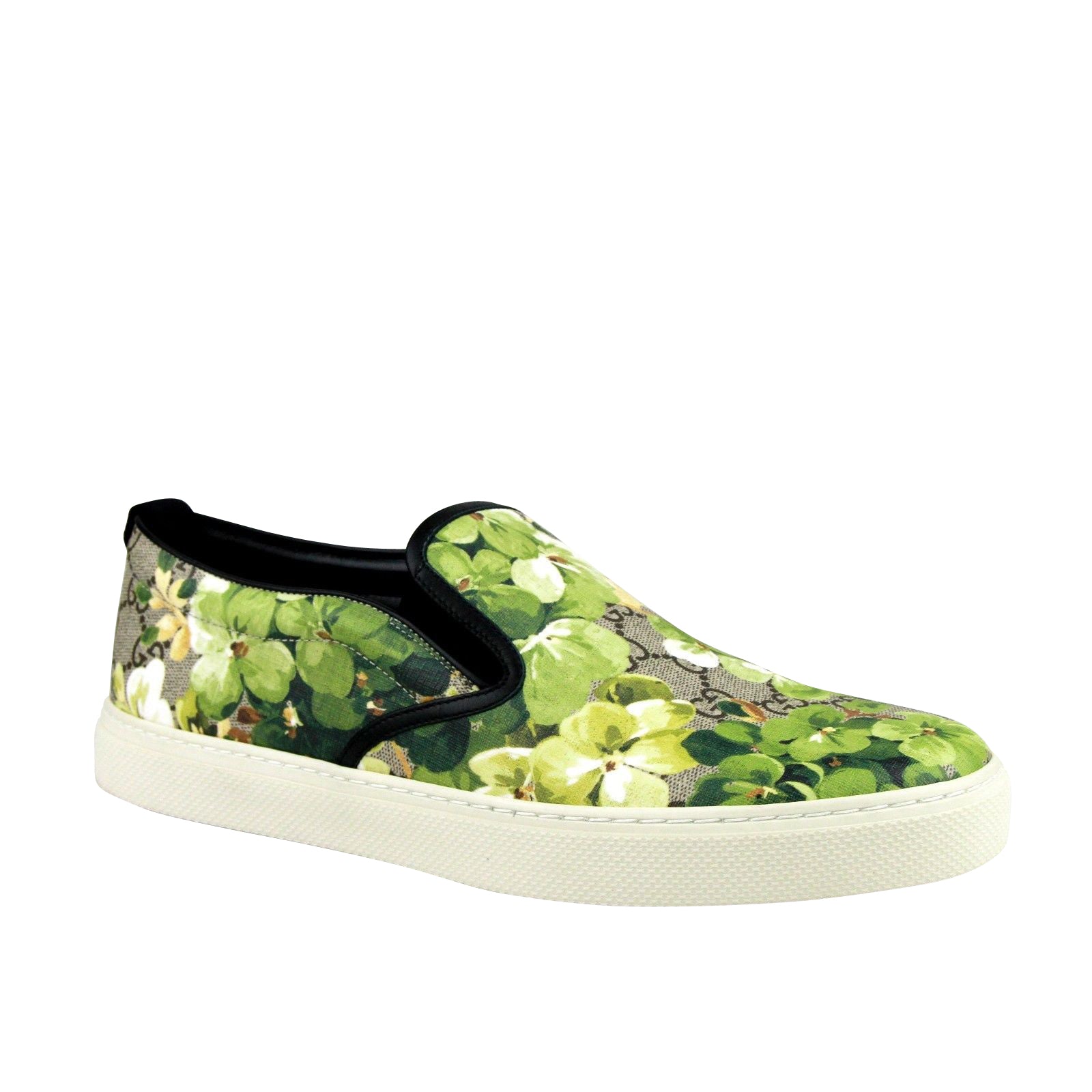 Gucci Men's Bloom Flower Print Supreme GG Green Canvas Slip Sneakers 407362 8961