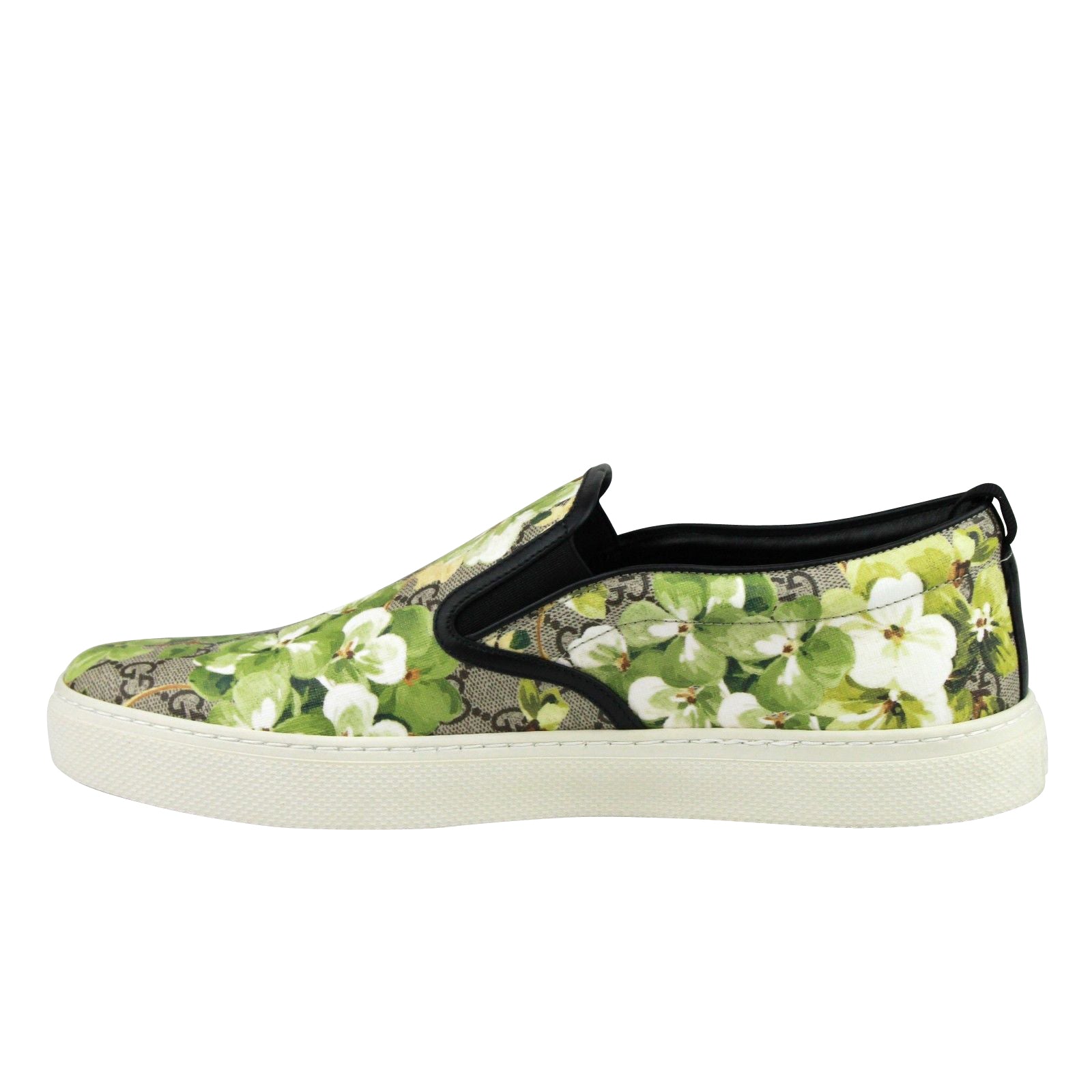 Gucci Men's Bloom Flower Print Supreme GG Green Canvas Slip Sneakers 407362 8961