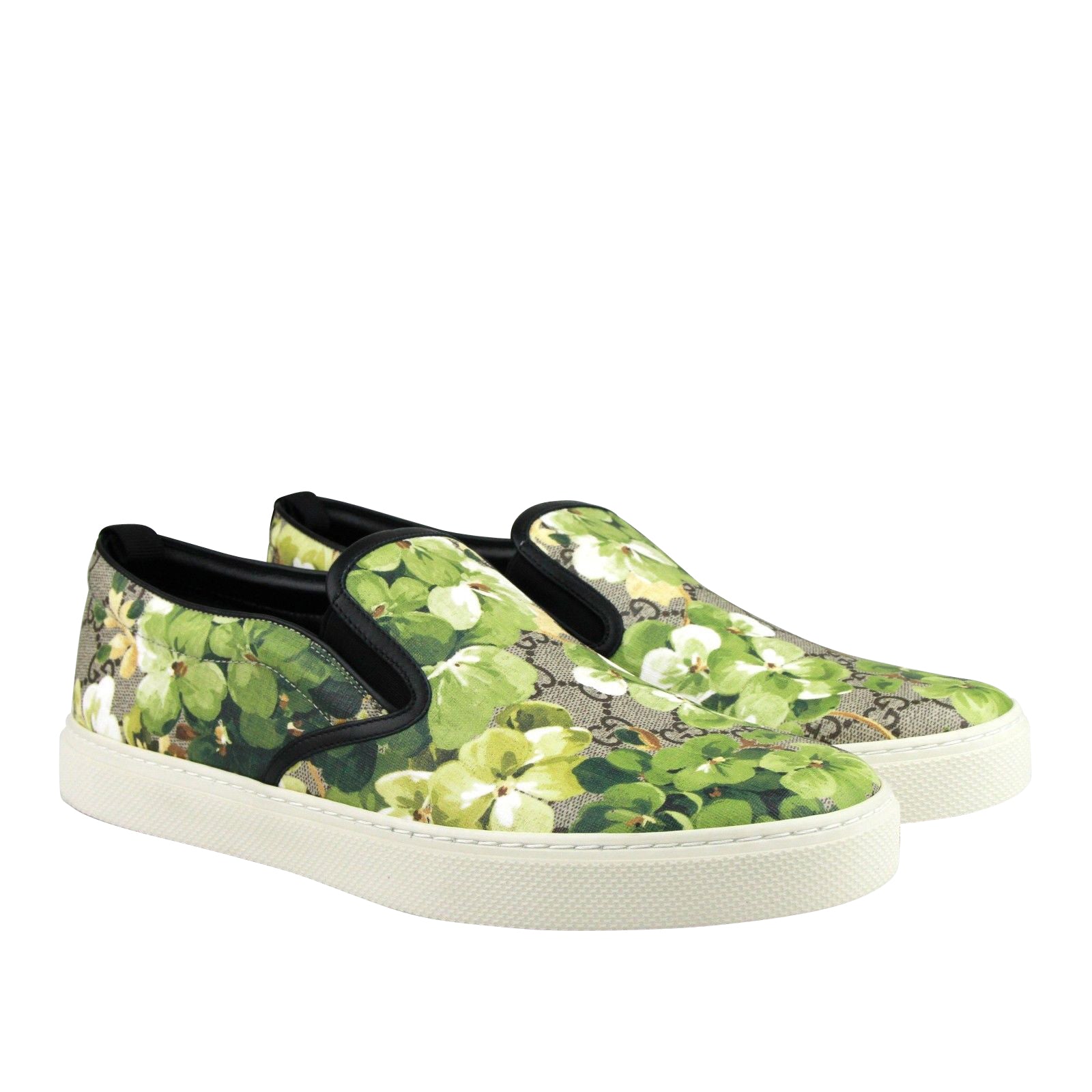 Gucci Men's Bloom Flower Print Supreme GG Green Canvas Slip Sneakers 407362 8961