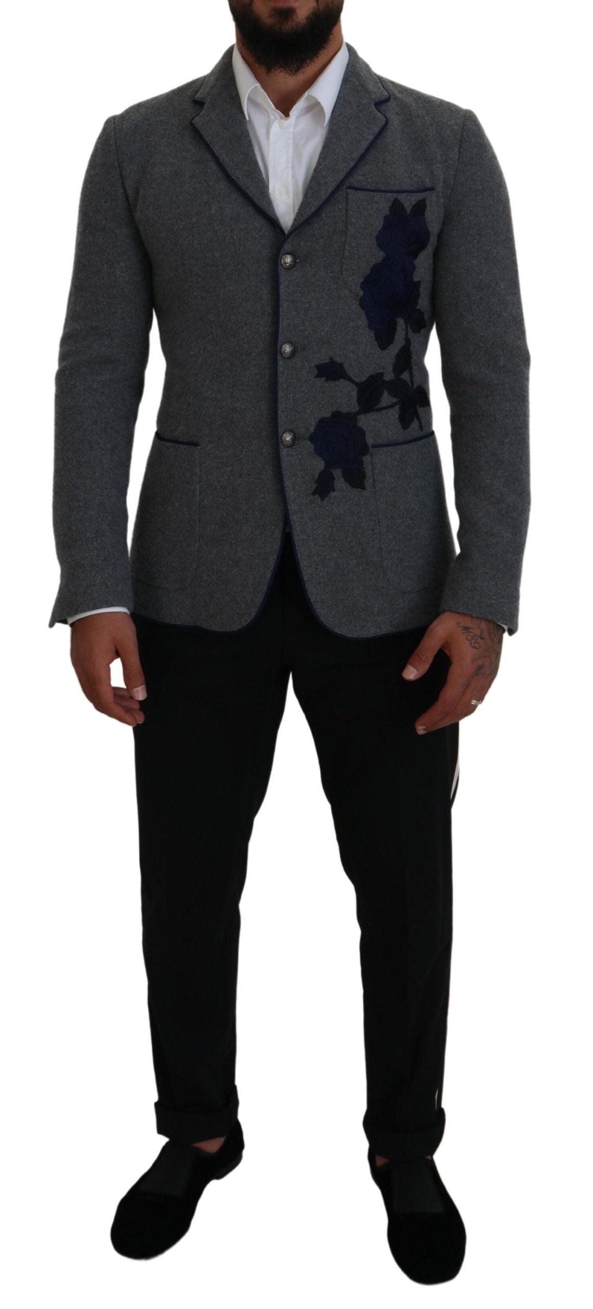 Dolce & Gabbana Elegant Gray Wool Blazer with Blue Rose Men's Embroidery