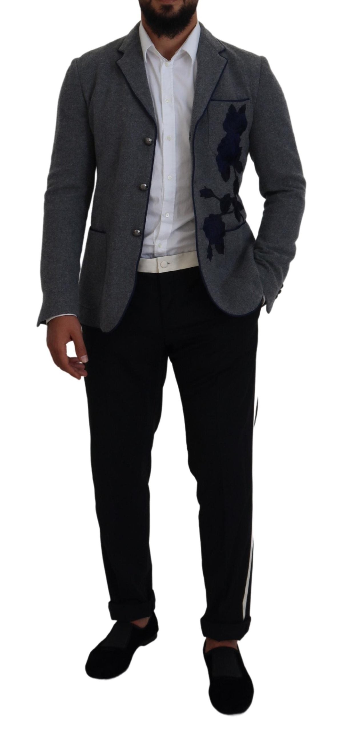 Dolce & Gabbana Elegant Gray Wool Blazer with Blue Rose Men's Embroidery