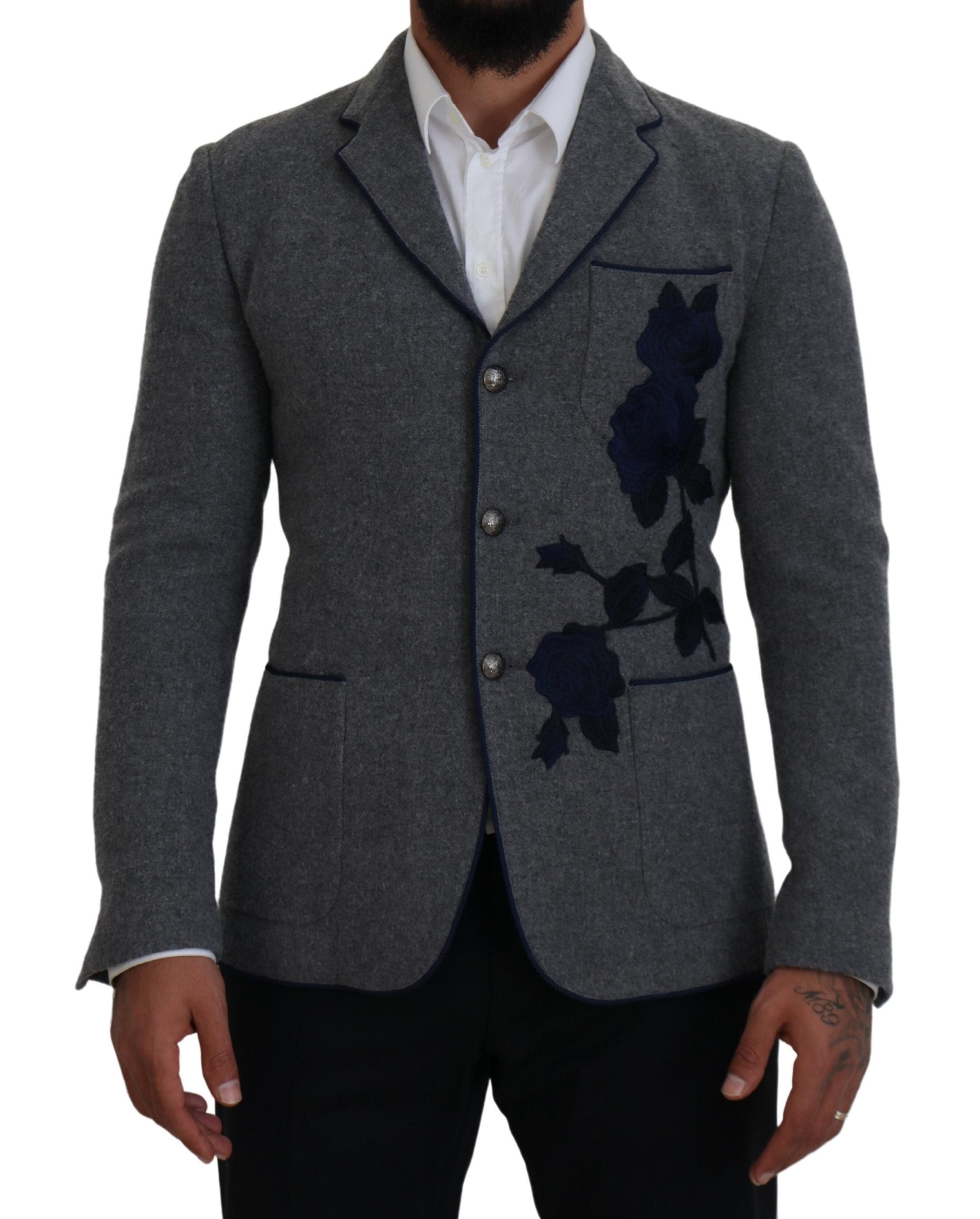 Dolce & Gabbana Elegant Gray Wool Blazer with Blue Rose Men's Embroidery