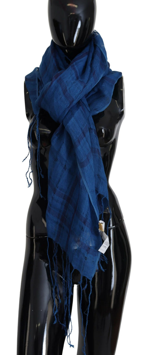 Costume National Chic Linen Fringed Scarf in Blue Women's Checkered