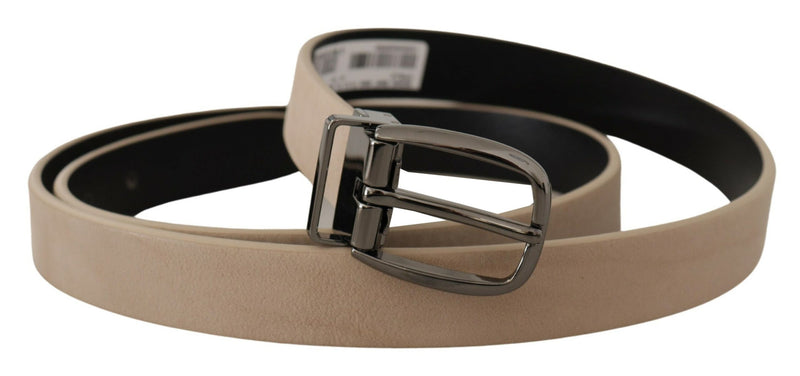 Dolce & Gabbana Elegant Beige Leather Belt with Silver Tone Men's Buckle