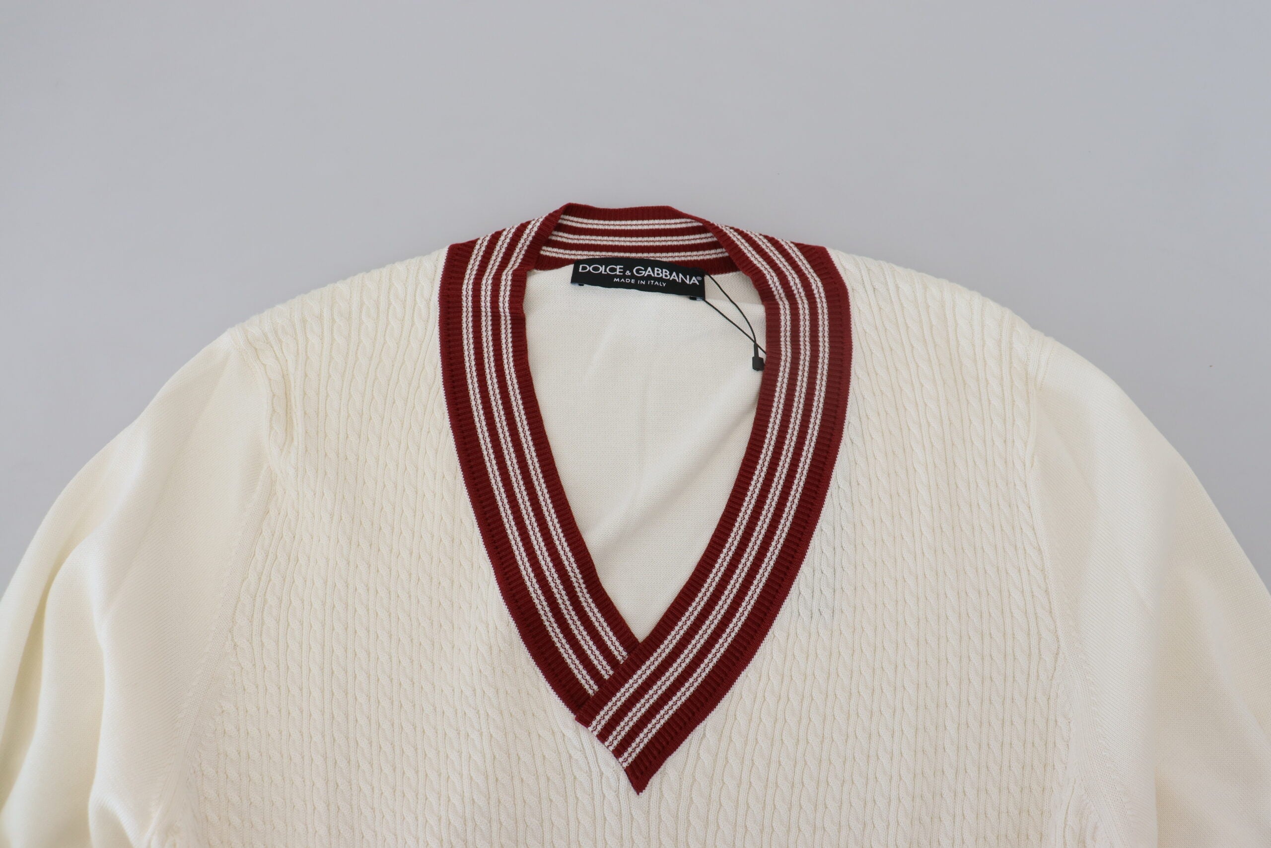 Dolce & Gabbana Off White Silk Cotton V-Neck Men's Sweater