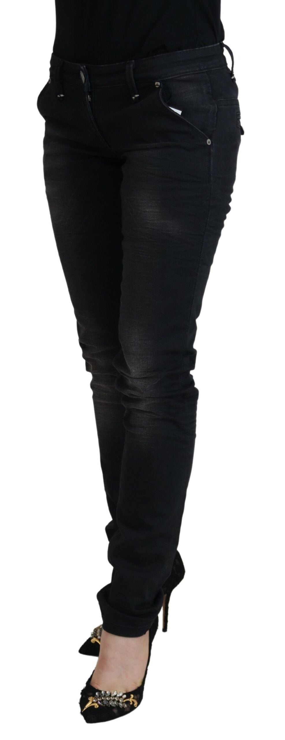 Acht Sleek Black Washed Low Waist Skinny Women's Jeans