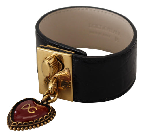 Dolce & Gabbana Elegant Black Leather Gold Detail Women's Bracelet