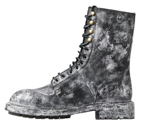 Dolce & Gabbana Chic Black Lace-Up Boots with Gray White Men's Fade